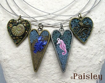 Sea Creature Heart Pendant Necklace, Paisley Lizard boho art jewelry