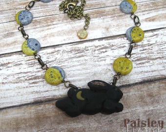 Night Hare Moon Phases statement necklace, Paisley Lizard boho art jewelry