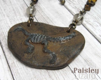 Lizard Fossil Necklace, boho art jewelry by Paisley Lizard