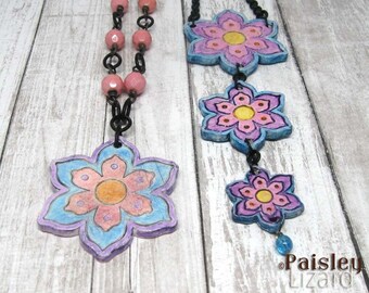 Peaceful Pastels Flower Power necklace, boho art jewelry by Paisley Lizard