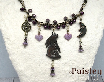 Lunar Hare Talisman statement necklace, boho art jewelry by Paisley Lizard