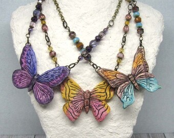 Painted Butterfly statement necklace, boho art jewelry by Paisley Lizard