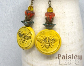 Rustic Queen Bee Dangle Earrings, Paisley Lizard boho art jewelry