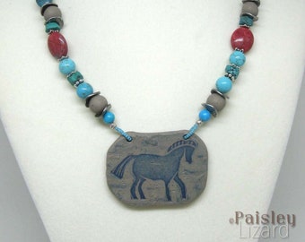 Primitive Pony Beaded Necklace, Southwestern Horse Jewelry, faux stone pendant on gemstone necklace