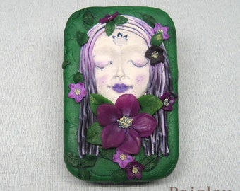 Violet Dryad flower fairy hinged metal stash box, polymer clay covered storage tin