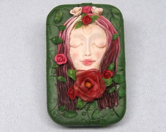 Rose Dryad flower fairy hinged metal stash box, polymer clay covered storage tin