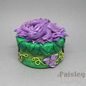 Purple Flower Dragon jewelry keepsake box, polymer clay mixed media gift box