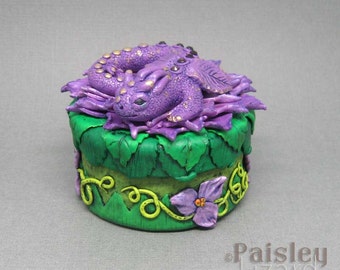 Purple Flower Dragon jewelry keepsake box, polymer clay mixed media gift box