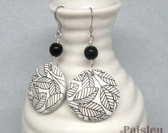 White Leaf Dangle Earrings, Silkscreened Polymer Clay Charms on Steel Wires