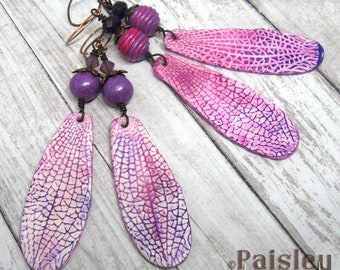 Violet Fairy Wing Earrings, boho art jewelry by Paisley Lizard