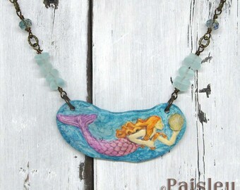 Ginger Mermaid Statement Necklace, Paisley Lizard boho art jewelry