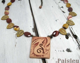 Harvest Moon Hare statement necklace, Paisley Lizard boho art jewelry