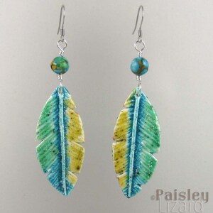 Parrot Feather Earrings, blue green polymer clay dangles on silver plated wires image 3