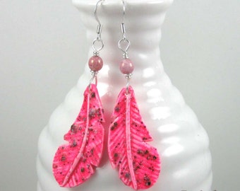 Pink Flamingo Feather Earrings, pink polymer clay dangles on silver plated wires