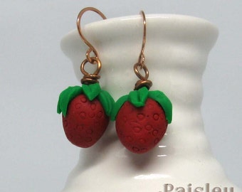 Strawberry earrings | polymer clay dangles on copper wires | botanical jewelry
