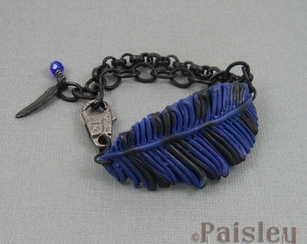 Blue Jay Feather Bracelet, Polymer Clay Feather, Matte Black Chain