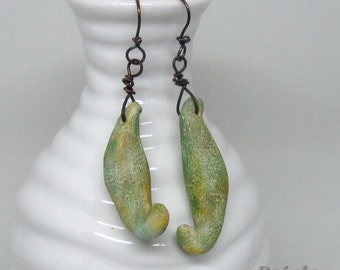 Green Seedpod earrings | rustic botanical earrings, organic polymer clay beads on copper wire