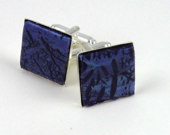 Purple Turquoise Cufflinks, polymer clay faux stone inlay in square silver tone cuff links