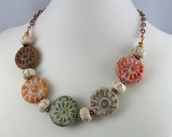 Rustic Earth Tone Flowers Necklace, polymer clay beads & antiqued copper chain, mixed media fall colors jewelry