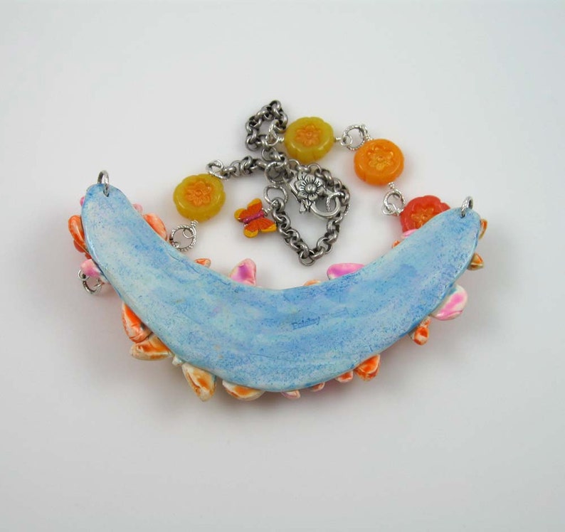 polymer clay collage and beads on silver chain Citrus Butterfly Bib Necklace adjustable length