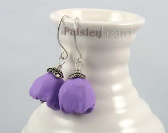 Purple Tulip Earrings, Rustic Polymer Clay Dangles, Sterling Silver