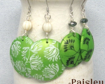 Botanical Print Dangle Earrings, Paisley Lizard boho art jewelry