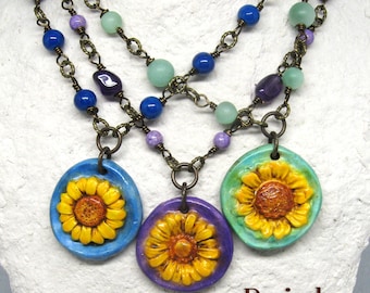 Painted Sunflower Necklace, boho art jewelry by Paisley Lizard