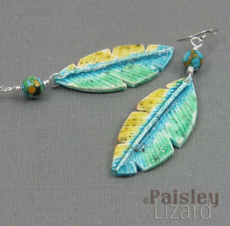 Parrot Feather Earrings, blue green polymer clay dangles on silver plated wires image 2