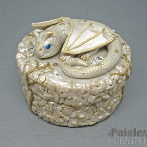 White Gold Dragon jewelry keepsake box, polymer clay mixed media gift box