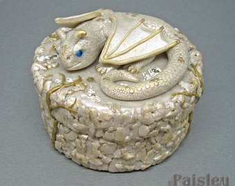 White Gold Dragon jewelry keepsake box, polymer clay mixed media gift box