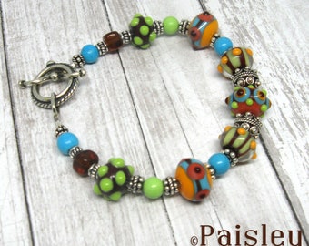 Bumpy Bead rodeo bracelet, Paisley Lizard boho art jewelry