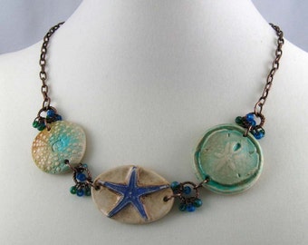 Beach-comber rustic nautical necklace, mixed media sea shell jewelry