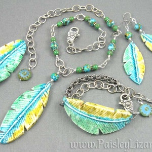 Parrot Feather Earrings, blue green polymer clay dangles on silver plated wires image 5