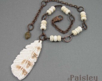 Snowy Owl feather necklace, winter white polymer clay pendant on beaded copper chain