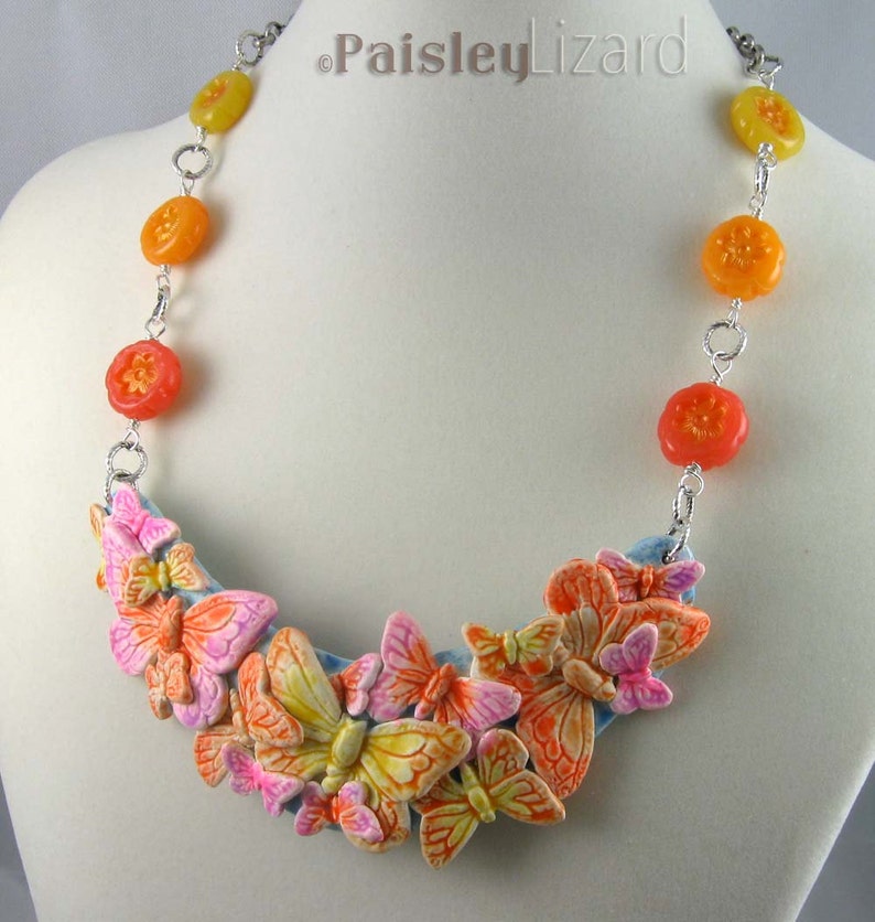 polymer clay collage and beads on silver chain Citrus Butterfly Bib Necklace adjustable length