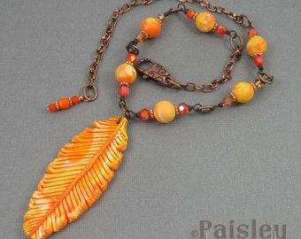 Phoenix feather necklace, orange yellow polymer clay pendant on beaded copper chain