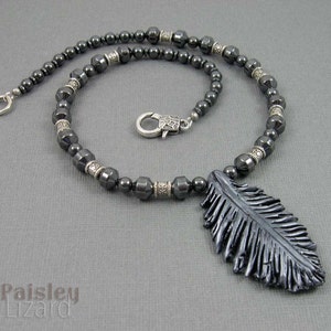 Black Raven Feather beaded Necklace, boho art jewelry by Paisley Lizard