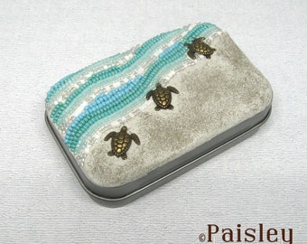 Sea Turtle Hatchlings stash tin, micro mosaic art by Paisley Lizard