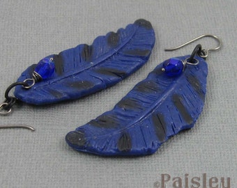Blue Jay Feather Earrings, blue black polymer clay dangles on black wires