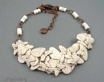 Antiqued Ivory Butterfly Bib Necklace, polymer clay collage and copper chain, adjustable length, insect jewelry