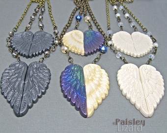 Angel Wings Heart Necklace, Paisley Lizard boho art jewelry