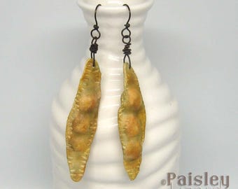 Locust Bean Pod Earrings, Rustic Polymer Clay, Oxidized Copper