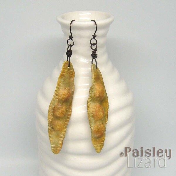 Locust Bean Seed Pod Earrings, rustic botanical earrings, organic polymer clay beads on copper wire