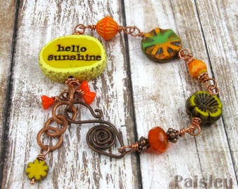 Hello Sunshine bracelet, Paisley Lizard boho art jewelry