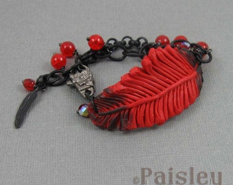 Cardinal feather bracelet, red black polymer clay bar on beaded matte black chain