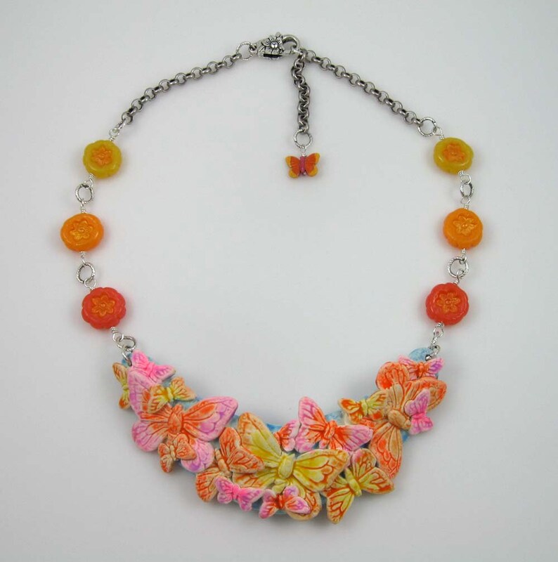 polymer clay collage and beads on silver chain Citrus Butterfly Bib Necklace adjustable length