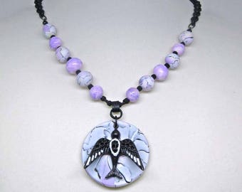 Blackbird Polymer Clay Pendant Necklace, Watercolor Pastel Beads