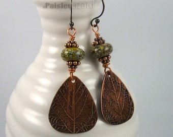 Desert Sage Leaf earrings| botanical jewelry, rustic etched copper drops, lampwork beads, copper wire