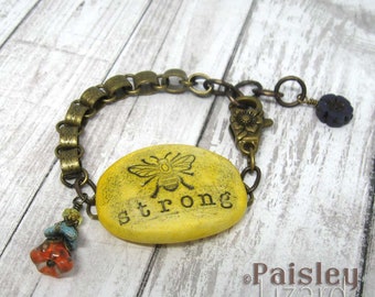 Bee Strong Statement bracelet, Paisley Lizard boho art jewelry