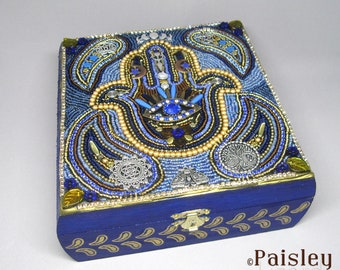 Hamsa talisman mosaic jewelry stash box, assemblage art by Paisley Lizard